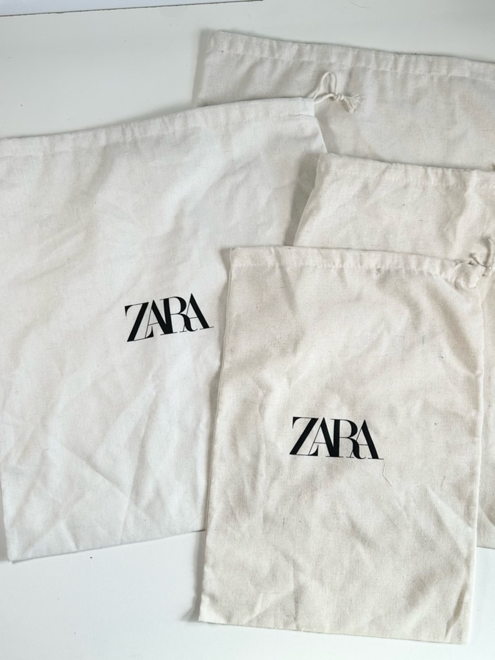 Zara Drawstring Dust Bags for Storage Lot of 4 - Two Small and Two Large